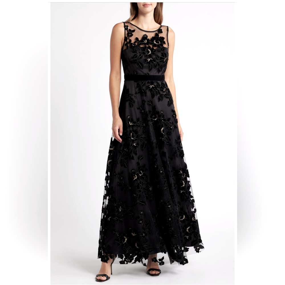 Eliza J Black Floral Appliqué Illusion Maxi Dress